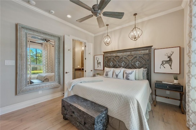 bedroom with ceiling fan with notable chandelier, ensuite bathroom, light hardwood / wood-style flooring, and ornamental molding