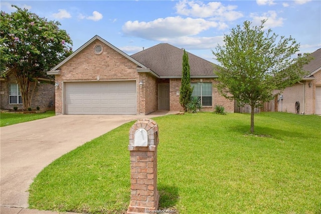 ranch-style home with brick siding, a front lawn, concrete driveway, roof with shingles, and an attached garage