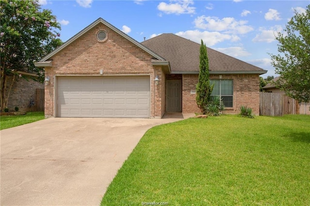 ranch-style house with driveway, a front lawn, fence, a garage, and brick siding