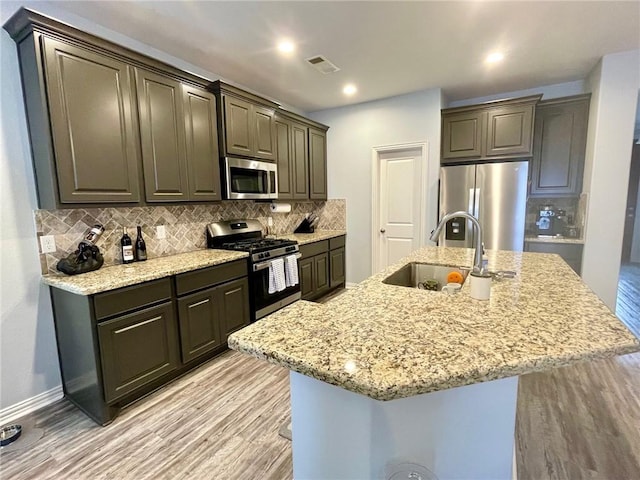 kitchen featuring appliances with stainless steel finishes, an island with sink, a sink, and decorative backsplash