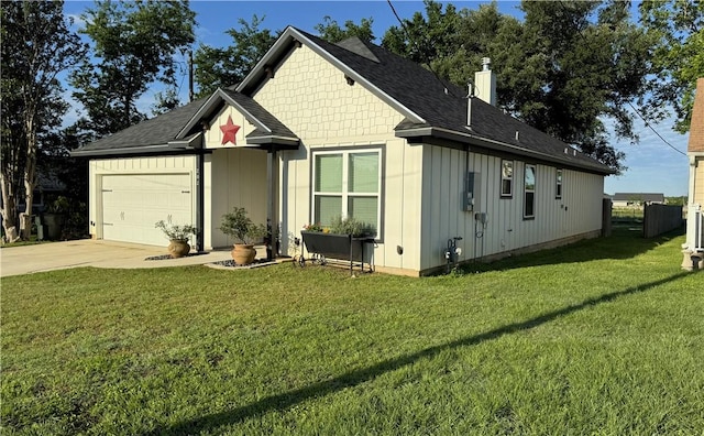 202 N Hearne St, Franklin, TX 77856 - view of front of property with a chimney, board and batten siding, an attached garage, concrete driveway, and a front yard