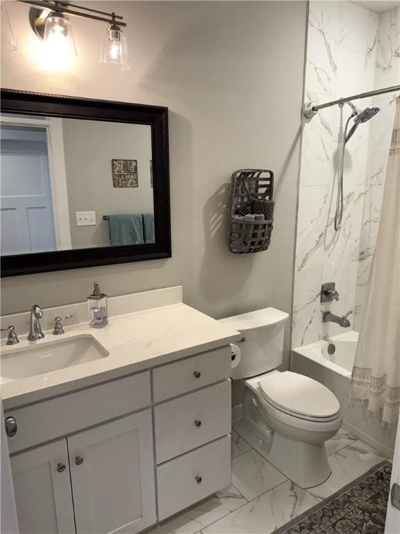 202 N Hearne St, Franklin, TX 77856 - full bathroom featuring toilet, marble finish floor, vanity, and shower / bathtub combination with curtain