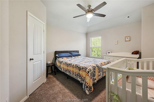 carpeted bedroom with ceiling fan