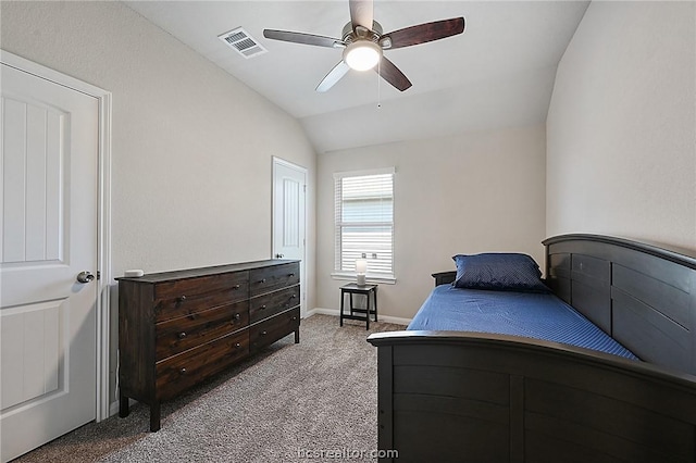 bedroom featuring carpet flooring, ceiling fan, and lofted ceiling