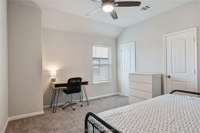 bedroom featuring light carpet, vaulted ceiling, and ceiling fan