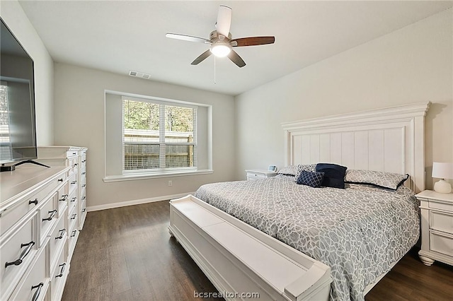 bedroom with ceiling fan and dark wood-type flooring