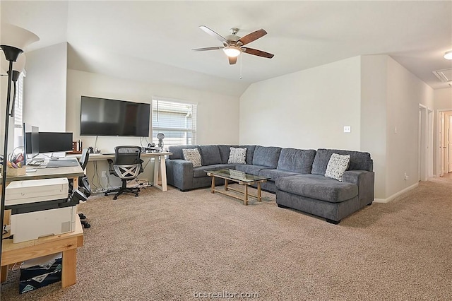 living room featuring light colored carpet and ceiling fan