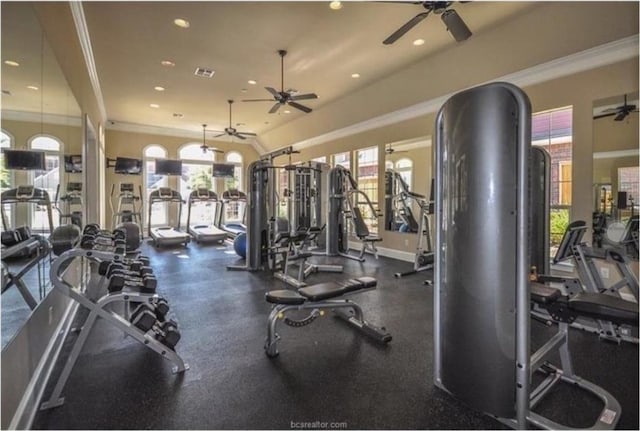 gym with ornamental molding and a wealth of natural light