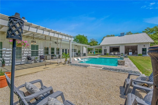 outdoor pool with french doors, a patio, and ceiling fan