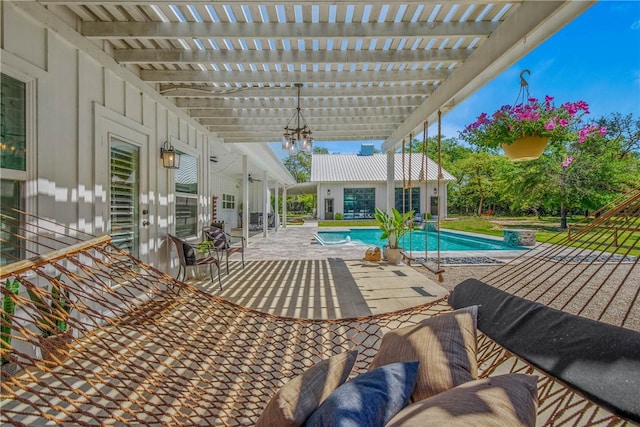 outdoor pool featuring a pergola, an outbuilding, a patio, and a storage structure