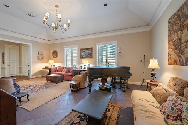 living area with lofted ceiling, dark tile patterned floors, visible vents, and crown molding