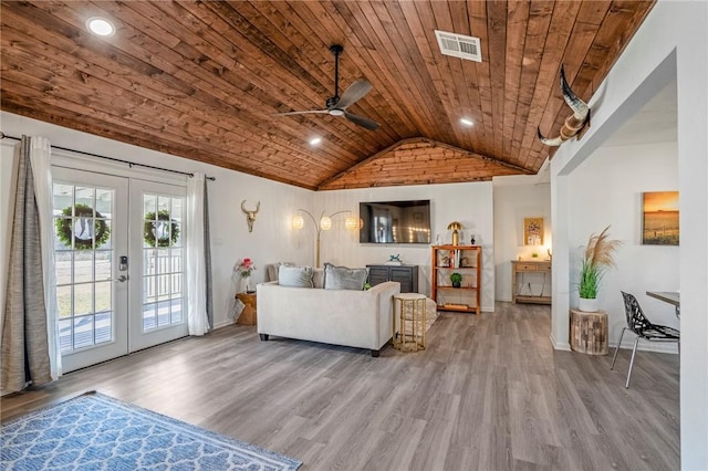 6191 Bethel Cemetery Rd, North Zulch, TX 77872 - living area with wooden ceiling, french doors, ceiling fan, lofted ceiling, and wood finished floors