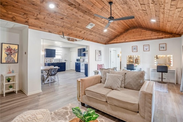 6191 Bethel Cemetery Rd, North Zulch, TX 77872 - living room featuring wood ceiling, lofted ceiling, a ceiling fan, light wood-style flooring, and baseboards