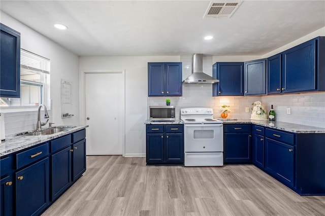 6191 Bethel Cemetery Rd, North Zulch, TX 77872 - kitchen featuring wall chimney exhaust hood, electric range, a sink, stainless steel microwave, and blue cabinetry