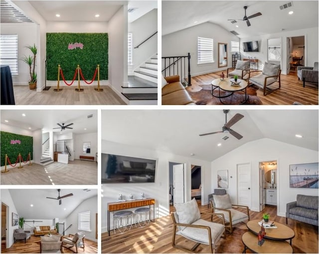 6191 Bethel Cemetery Rd, North Zulch, TX 77872 - living room featuring a ceiling fan, lofted ceiling, wood finished floors, stairway, and recessed lighting