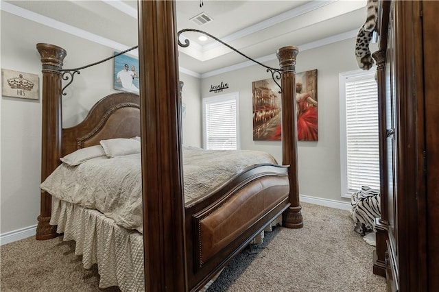 carpeted bedroom with ornamental molding, a raised ceiling, visible vents, and baseboards