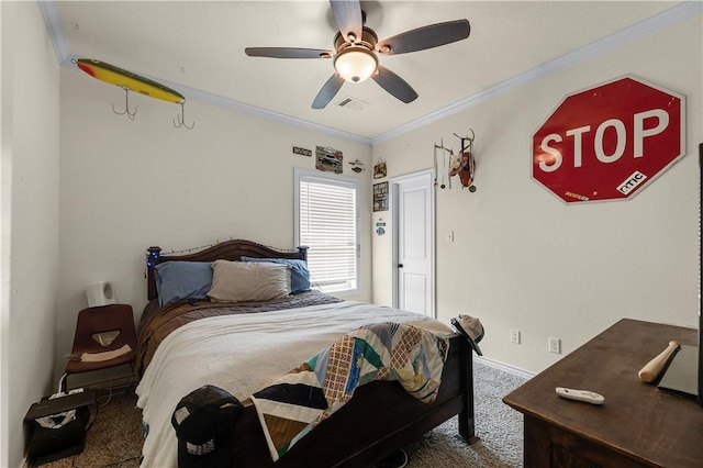 bedroom with baseboards, visible vents, ceiling fan, ornamental molding, and carpet flooring