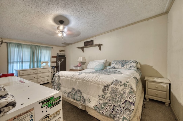 carpeted bedroom featuring ceiling fan, crown molding, and a textured ceiling