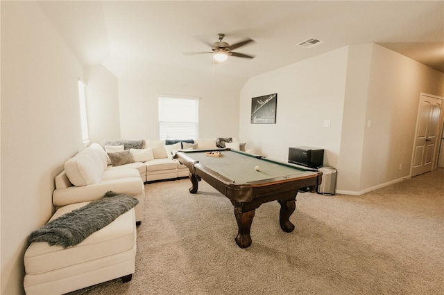 recreation room featuring a ceiling fan, visible vents, baseboards, pool table, and carpet flooring