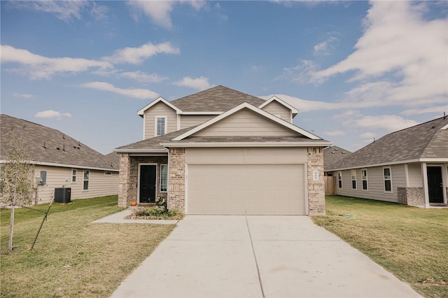 view of front of property featuring brick siding, central AC unit, concrete driveway, and a front lawn