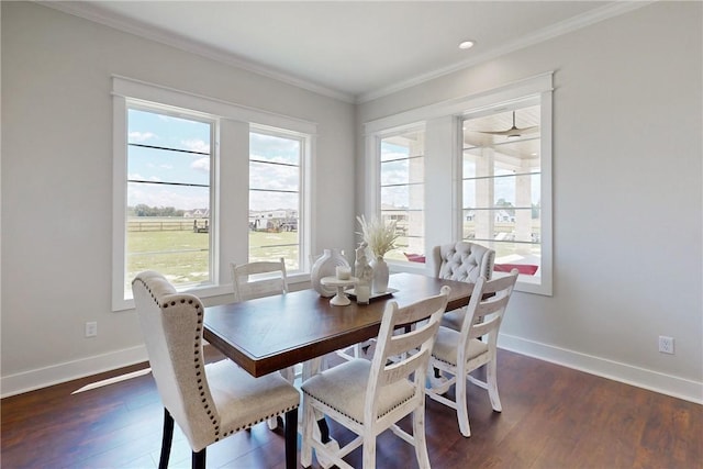 dining room with ceiling fan, dark wood-type flooring, and ornamental molding