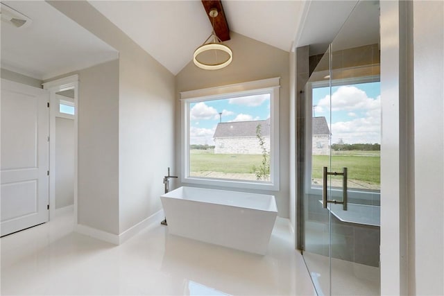 bathroom with vaulted ceiling with beams, tile patterned flooring, and shower with separate bathtub