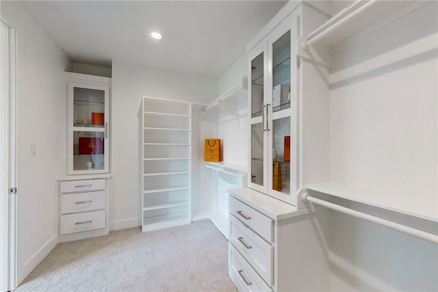 spacious closet featuring light colored carpet