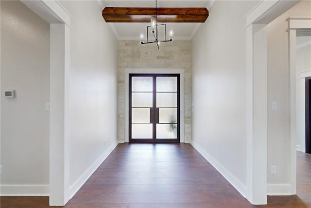 interior space featuring beamed ceiling, crown molding, dark wood-type flooring, and a chandelier