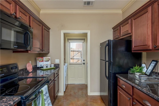 kitchen featuring washer / clothes dryer, ornamental molding, dark stone counters, and black appliances