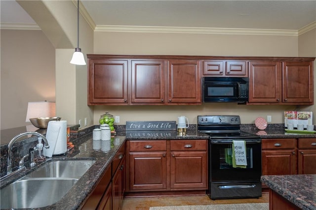 kitchen featuring ornamental molding, decorative light fixtures, sink, and black appliances