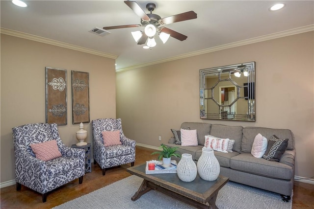 living room with ceiling fan and ornamental molding