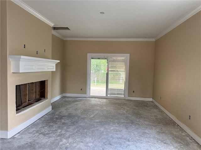 807 S Coulter Dr, Bryan, TX 77803 - unfurnished living room featuring ornamental molding and a fireplace