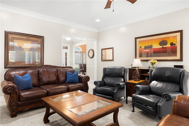1713 Cardinal Ln, College Station, TX 77845 - living room featuring light colored carpet, a ceiling fan, ornamental molding, recessed lighting, and baseboards