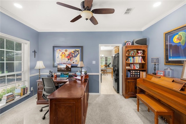1713 Cardinal Ln, College Station, TX 77845 - office featuring light colored carpet, ceiling fan, ornamental molding, and baseboards