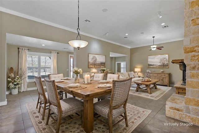 tiled dining room with recessed lighting, baseboards, visible vents, and ornamental molding