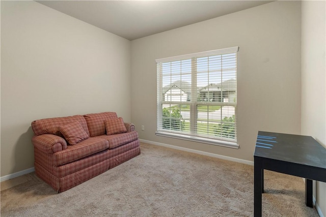 sitting room featuring carpet flooring and baseboards