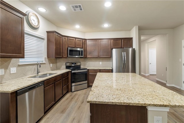 kitchen with a center island, a sink, stainless steel appliances, visible vents, and light wood-style floors
