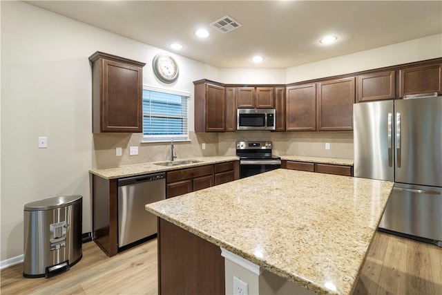 kitchen featuring light wood finished floors, a sink, stainless steel appliances, visible vents, and tasteful backsplash