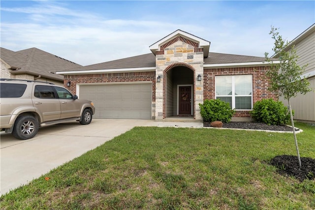 view of front facade featuring driveway, brick siding, a garage, stone siding, and a front lawn