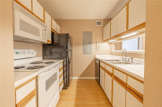 519 SW Pkwy Unit 203, College Station, TX 77840 - kitchen with white appliances, a sink, electric panel, light wood finished floors, and light countertops