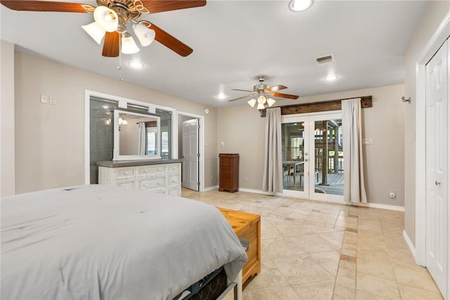 2355 Jackson League Cir, Brenham, TX 77337 - bedroom with baseboards, inlaid floor details, access to exterior, recessed lighting, and light tile patterned floors