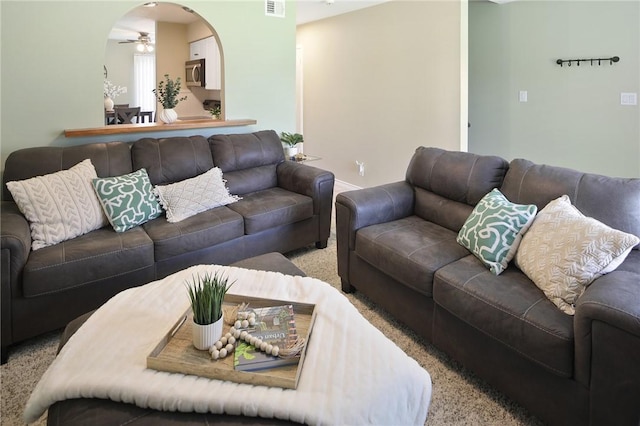 1900 Dartmouth St Unit E3, College Station, TX 77840 - carpeted living room with ceiling fan and arched walkways
