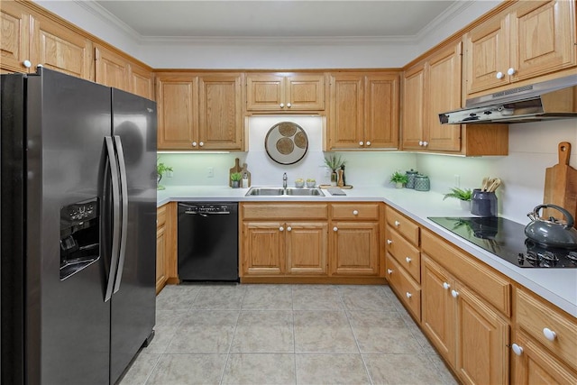 kitchen featuring crown molding, under cabinet range hood, light tile patterned flooring, black appliances, and a sink