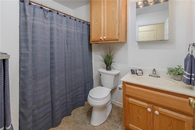 full bath with a shower with curtain, toilet, vanity, and tile patterned flooring