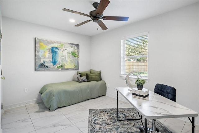 3004 Woodville Rd, Bryan, TX 77803 - bedroom featuring light marble finish flooring, baseboards, a ceiling fan, and recessed lighting