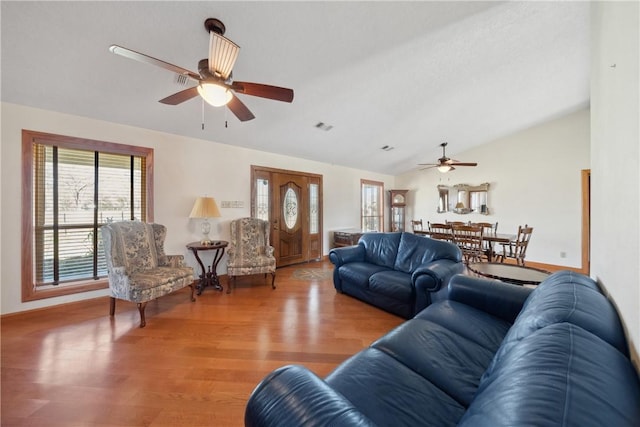 22349 Fm 359th Rd, Hempstead, TX 77445 - living area with ceiling fan, lofted ceiling, and light wood finished floors