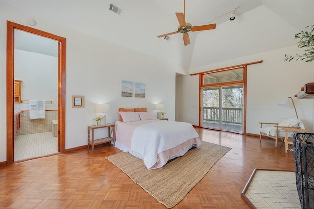 bedroom with light parquet floors, ceiling fan, access to exterior, high vaulted ceiling, and track lighting