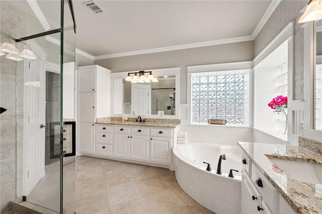 bathroom featuring visible vents, ornamental molding, a sink, and a shower stall