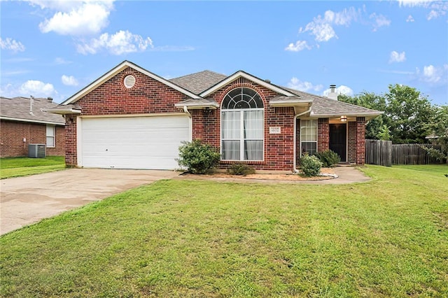 single story home featuring concrete driveway, a garage, brick siding, and central air condition unit