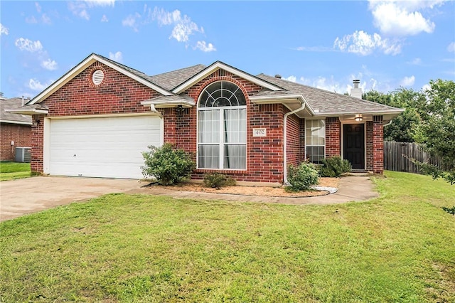 ranch-style house featuring concrete driveway, brick siding, an attached garage, central AC, and a shingled roof